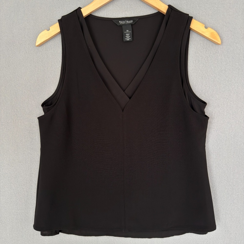 WHITE HOUSE BLACK MARKET Black V-Neck Layered Shell Top Blouse Women's Size XS